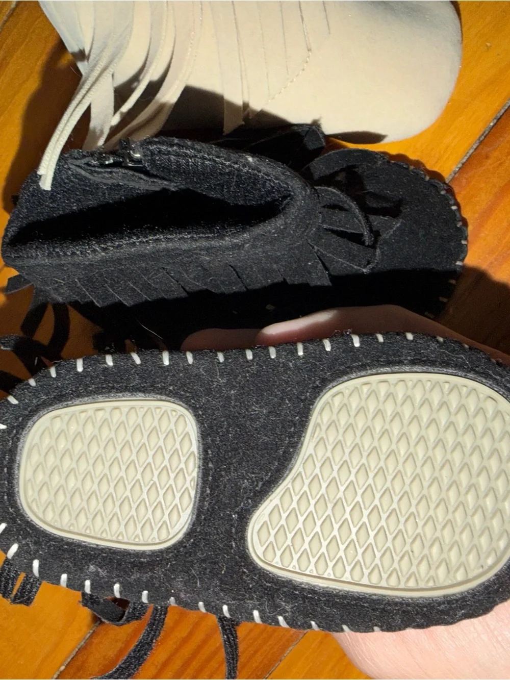 Kids Fringe Moccasin Booties - Black and Cream